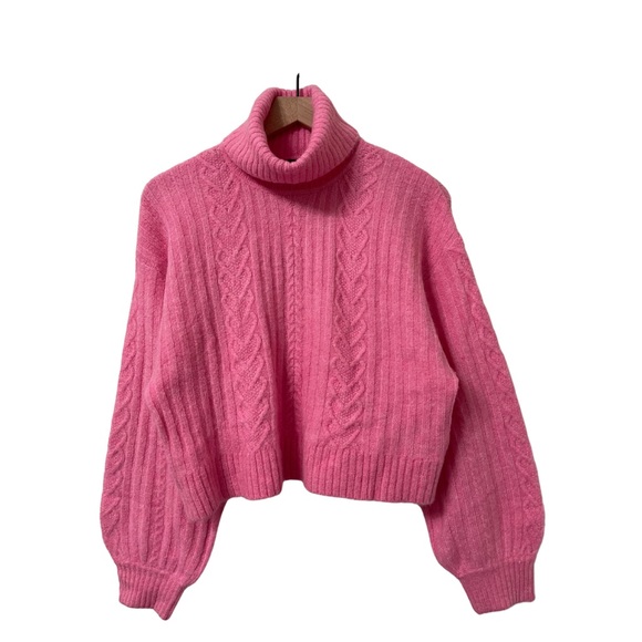 Divide H&M Pink Knit Puff Sleeve Wool Blend Soft Turtleneck Sweater Size Medium - Picture 1 of 8